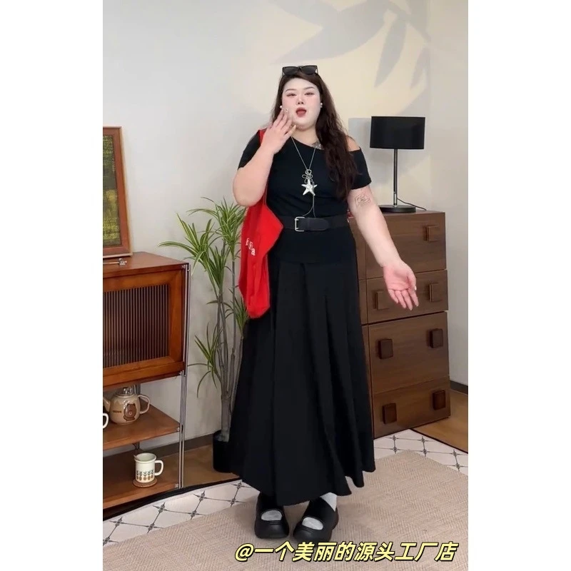 大码赫本风简约短袖连衣裙夏季收腰显瘦长裙8182#