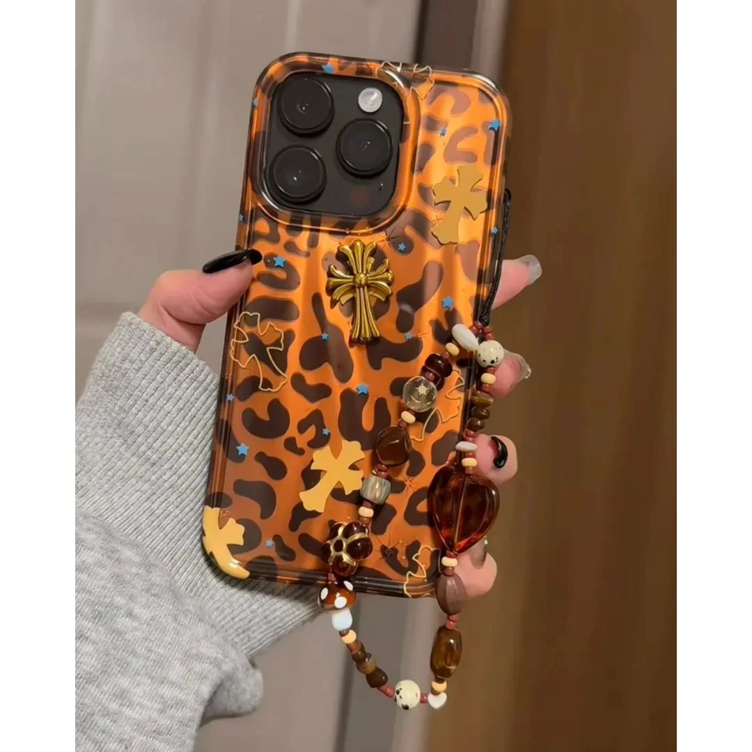 韩风小众豹纹十字架适用iPhone17苹果15手机壳16promax新款14女13
