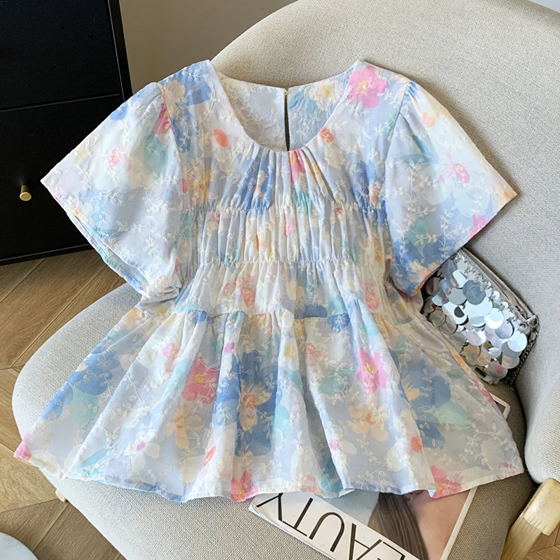 油画碎花短袖衬衫女2025夏季新款设计感宽松褶皱别致娃娃衫上衣潮