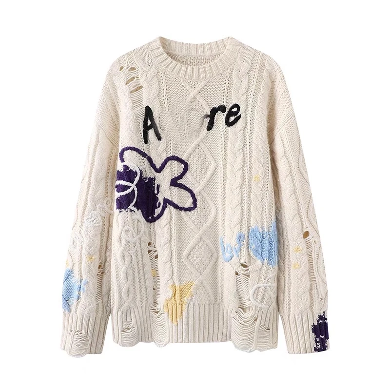 1213刺绣提花涂鸦破洞针织毛衣女2025春季新款针织上衣服