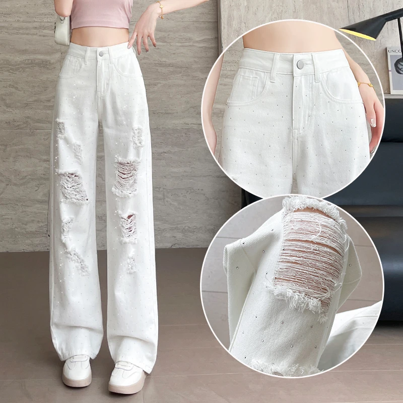 蜜蜜穿搭白色破洞烫钻阔腿牛仔裤女士2025夏季遮腿型闪钻直筒裤子