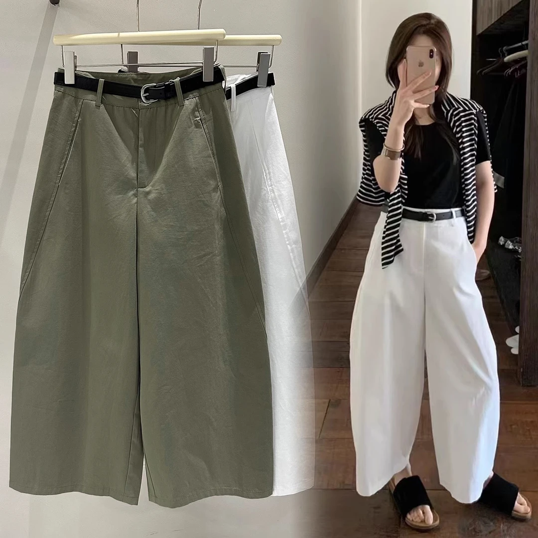 【100纯棉】早秋新款韩版九分阔腿弯刀裤女高腰镰刀气球裤休闲裤子