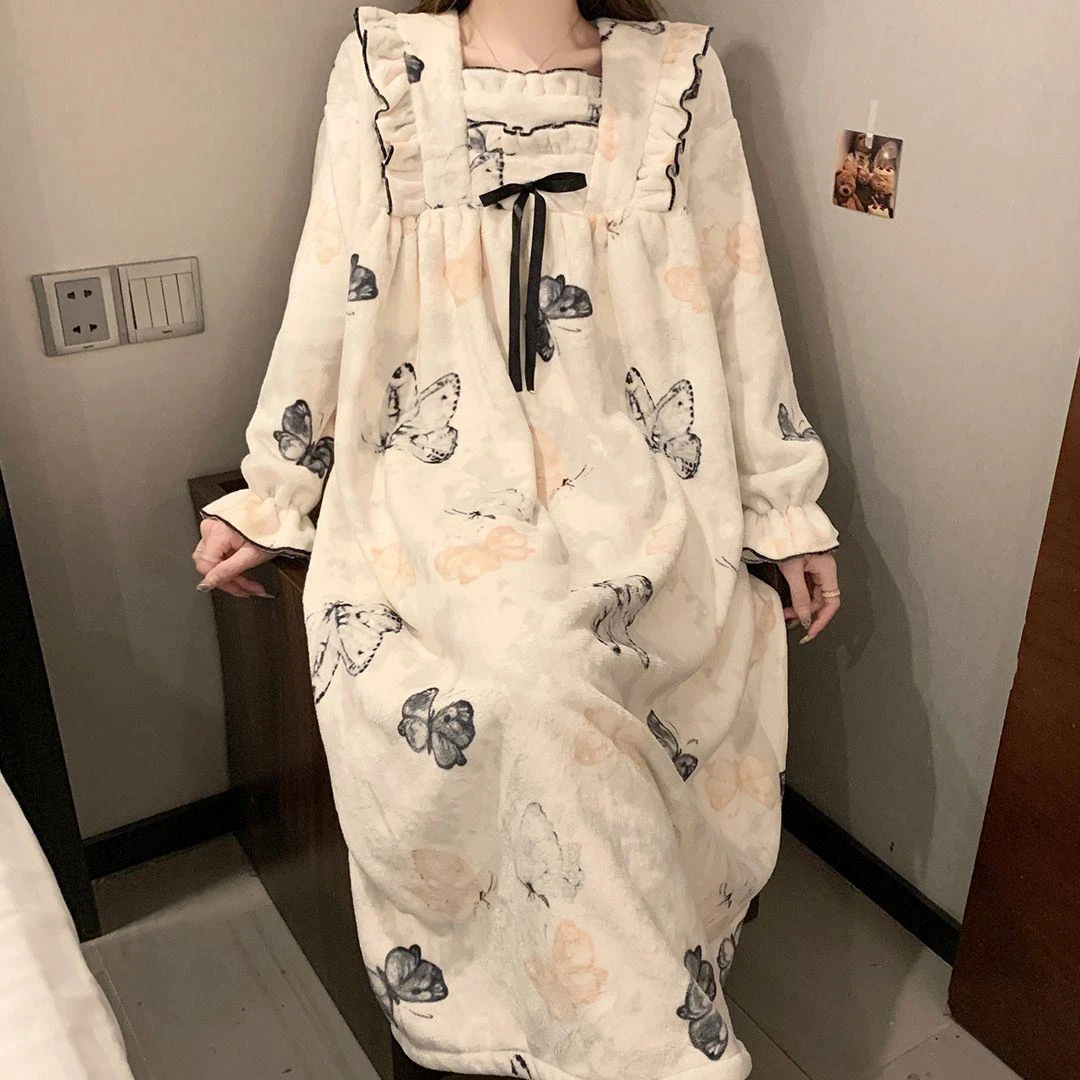 法兰绒睡裙秋冬款加厚韩版宽松长款公主风女士睡衣可外穿家居服