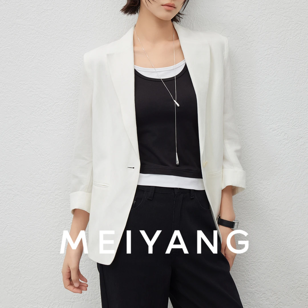美洋MEIYANG【商场同款】反卷亚麻西装 垫肩七分袖西服气质白色短款