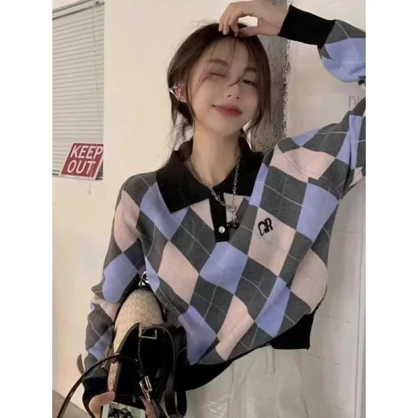 潮流气质针织时尚休闲韩式格子图案百搭设计师长袖——A84