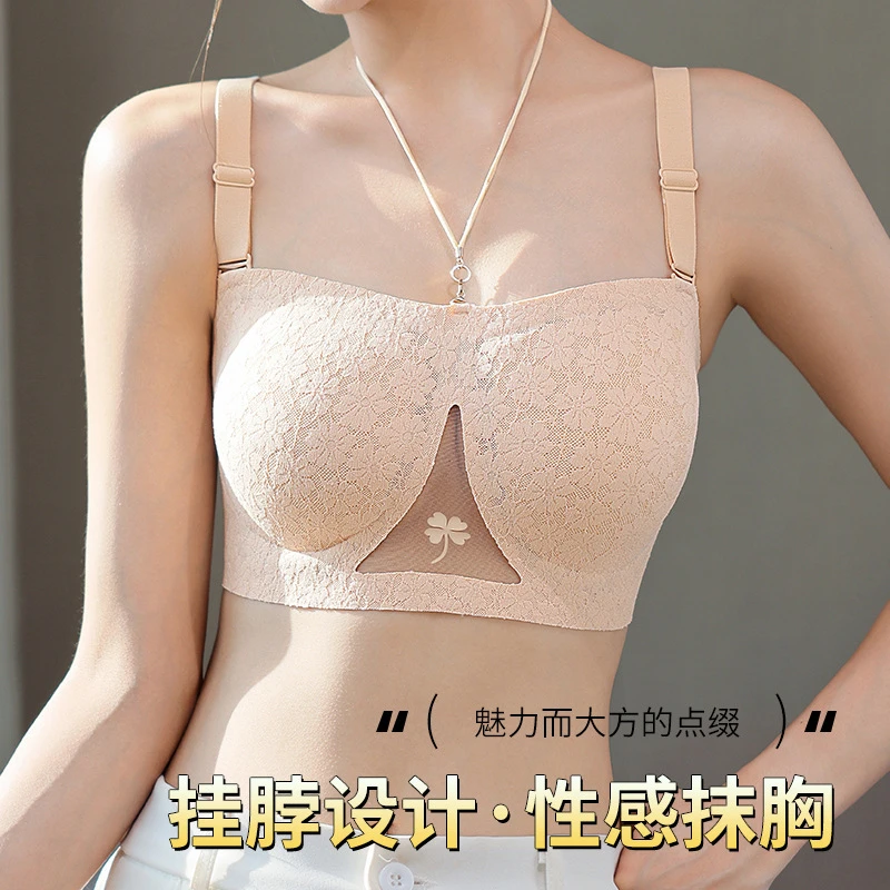 无肩带蕾丝内衣女薄款防滑抹胸裹胸防走光大胸显小聚拢文胸