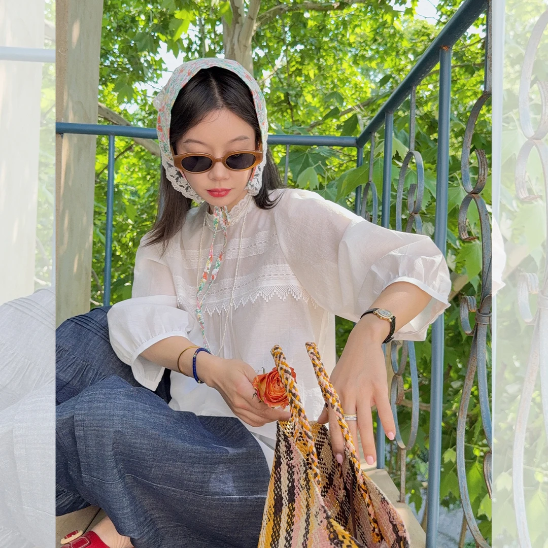 莉贝琳sisy花楹小衫浪漫气质蕾丝灯笼袖宽松百搭上衣仙S25103LS03