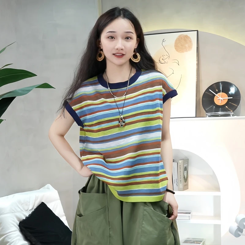 爱歌-经典撞色条纹无袖短袖上衣宽松百搭时尚针织衫轻薄款减龄款