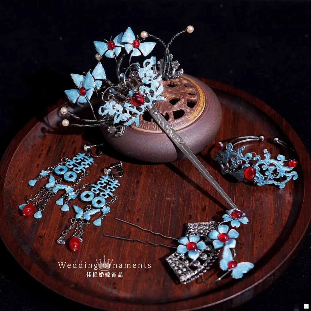 9035新款明制蓝色复古中国风饰品古装婚礼配饰气质百搭款新娘头饰