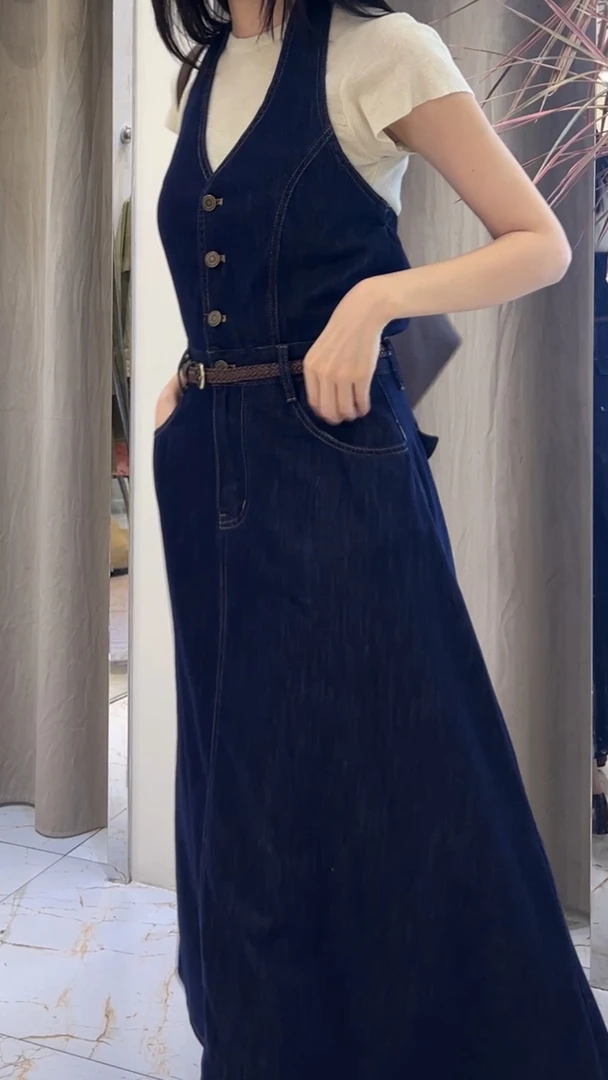 HLH/挂脖/腰绳收腰/牛仔长裙（1 1239）