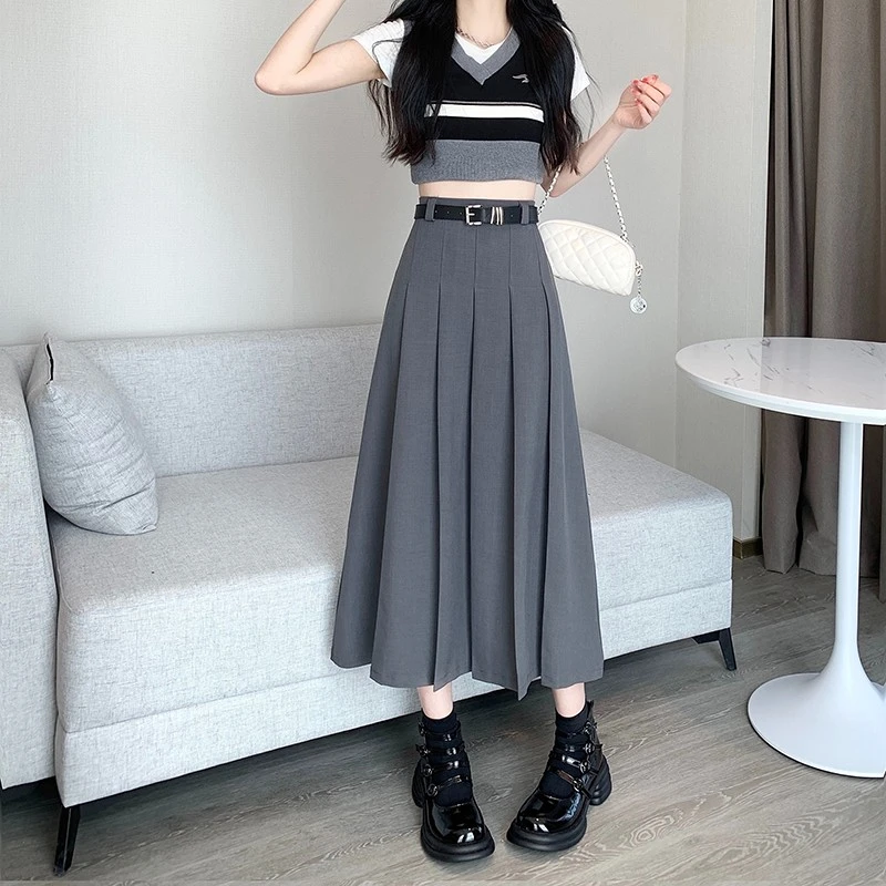 西装半身裙女春秋季高腰百褶裙2025新款百搭显瘦A字裙中长款伞裙