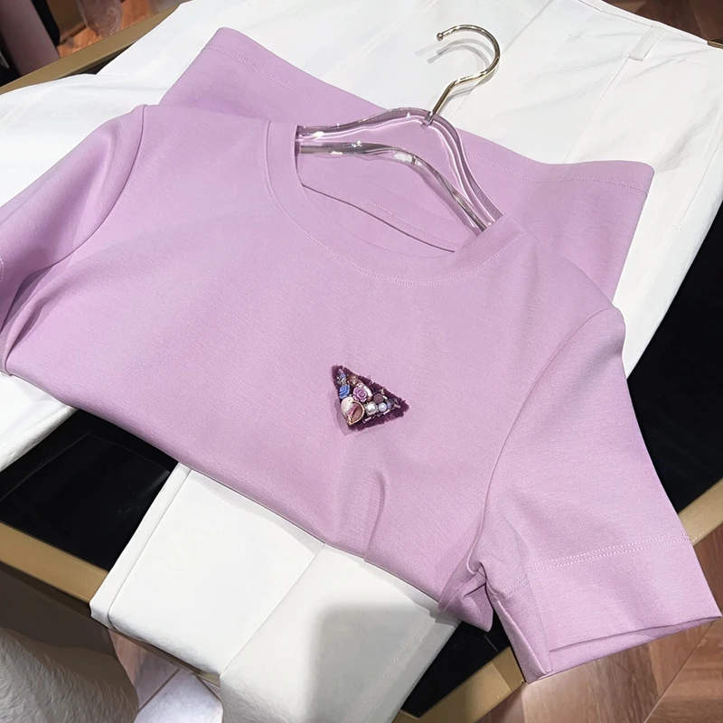 气质百搭钉珠海螺紫色短袖T恤 衣长58 款号UF51415