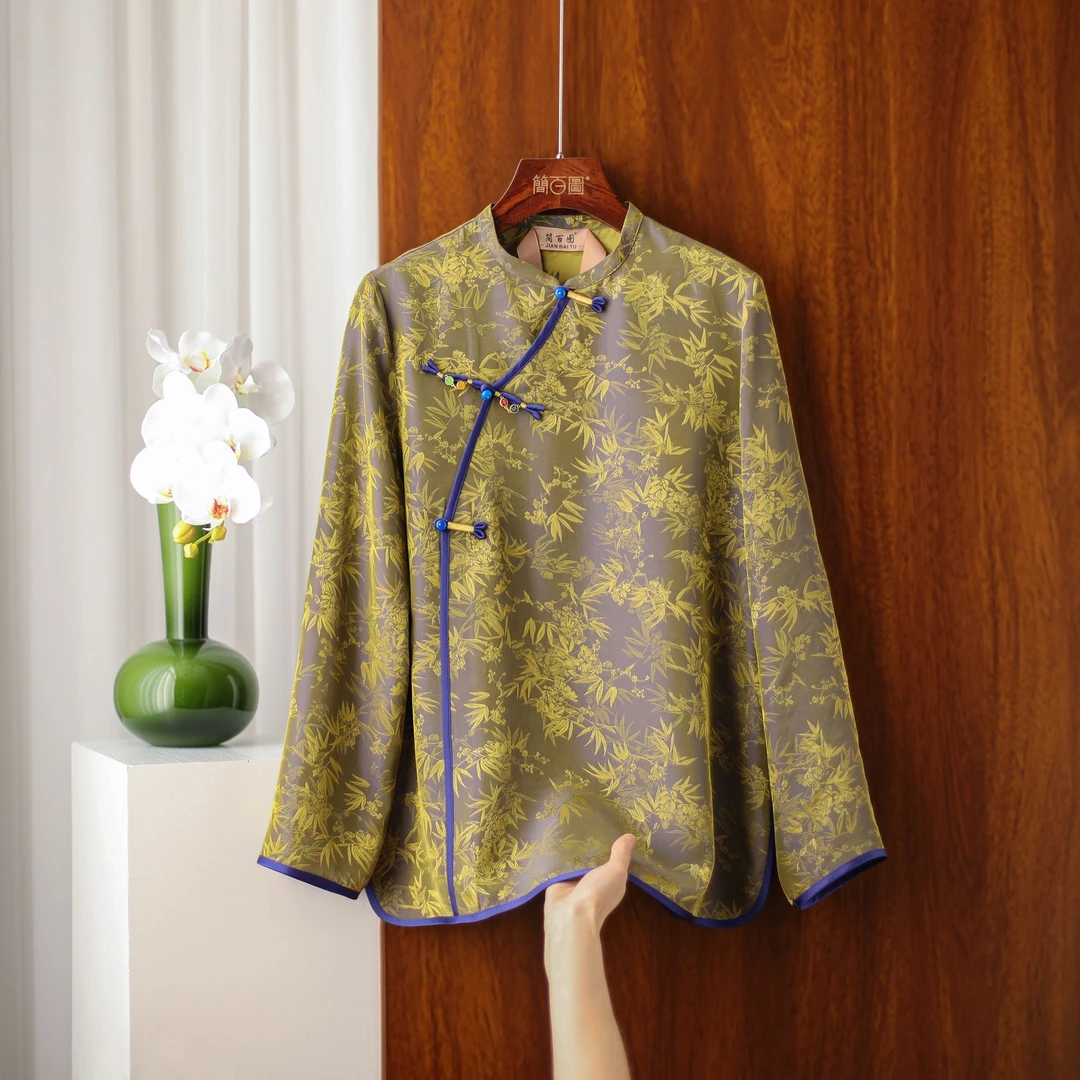 2025新中式提花小立领重工气质百搭加织加密国风竹叶设计上衣衬衫