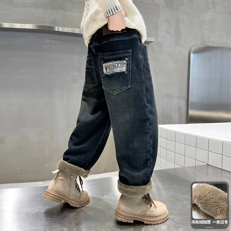保姆鹅奢断码联名儿童男童加绒裤子冬季2025新款男孩冬装加厚一体