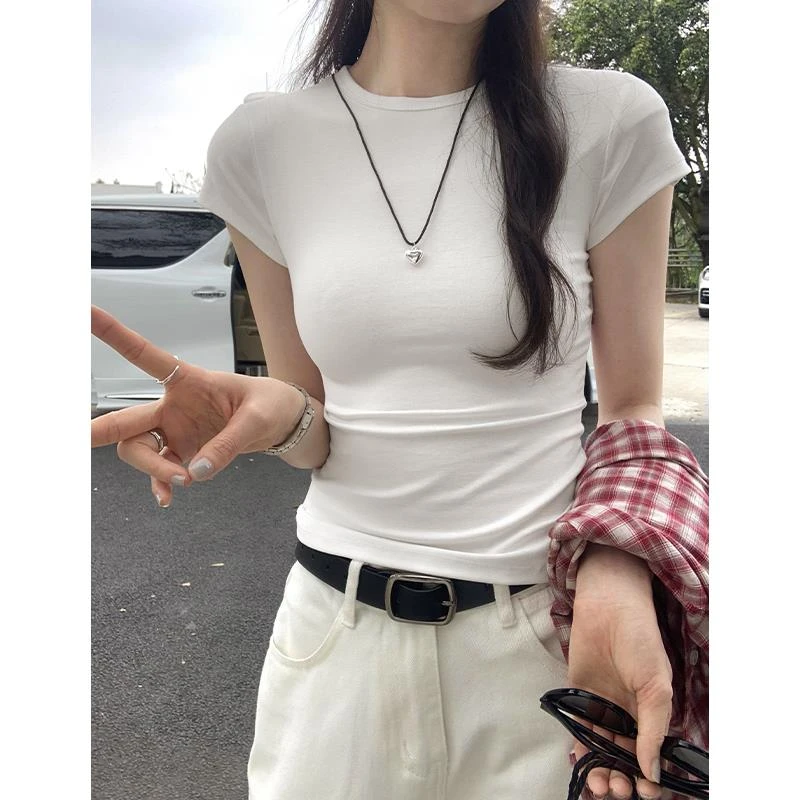 基础款白色短袖T恤女夏季修身显瘦正肩上衣美式辣妹内搭打底小衫