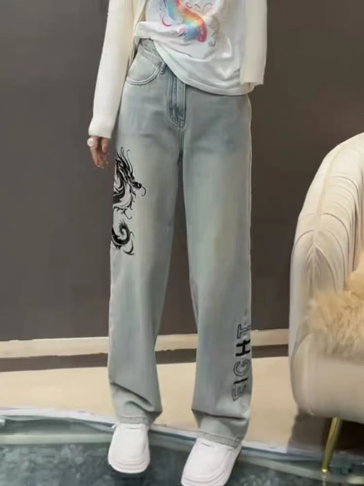 820#刺绣龙图案阔腿牛仔裤女显瘦高腰时尚休闲百搭春秋新款