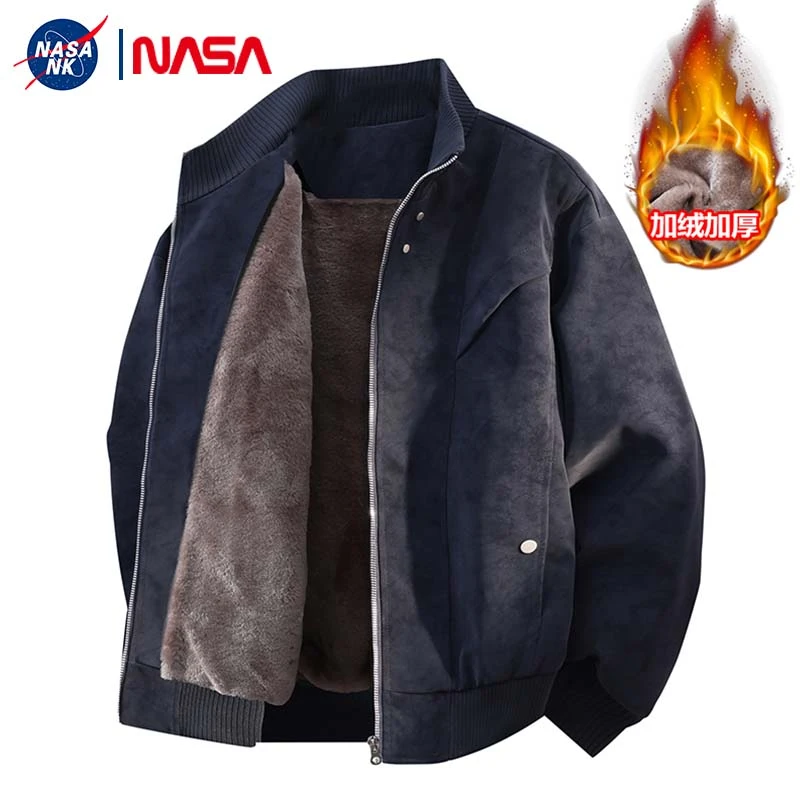 NASA联名美式复古扎染皮衣外套男款冬季潮牌大码宽松立领工装夹克