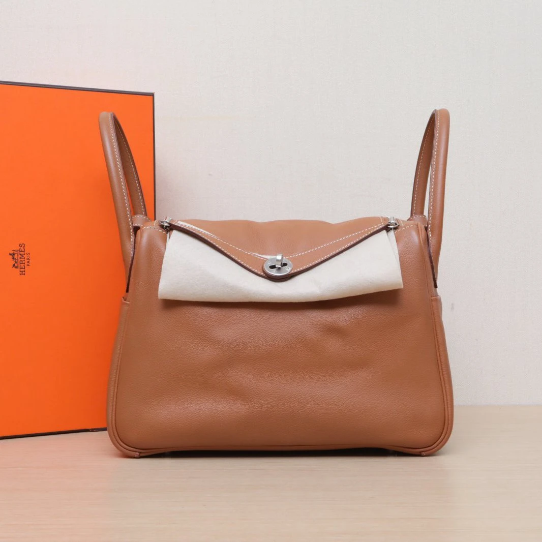 95新 Hermes/爱马仕 双双活动-Lindy 30 37金棕色 EC皮 D刻 银扣