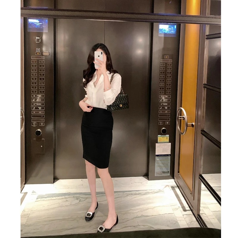 2025年夏季职业装通勤OL白色衬衣长袖衬衫黑色半身裙时尚套装女装