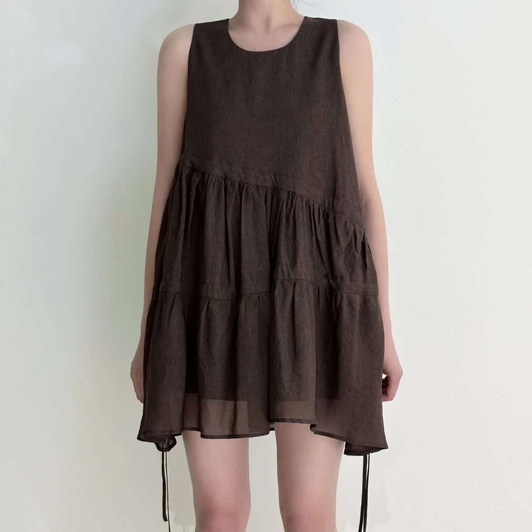 【塔鹿蕾】25年新款高级感无袖拼接气质A字宽松飘带短裙连衣裙AAA29