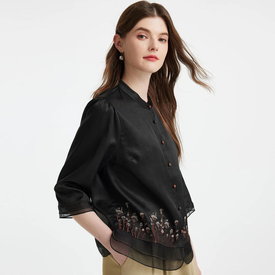 帕罗春秋圆领复七分袖桑蚕丝衬衫女ES2F0638Z
