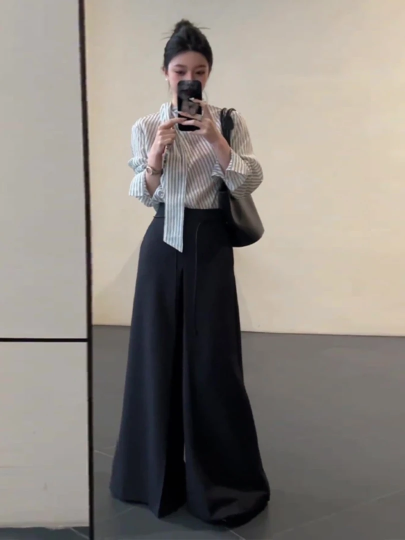 一整套ootd穿搭显瘦套装女条纹长袖衬衫黑色阔腿裤大方得体两件套