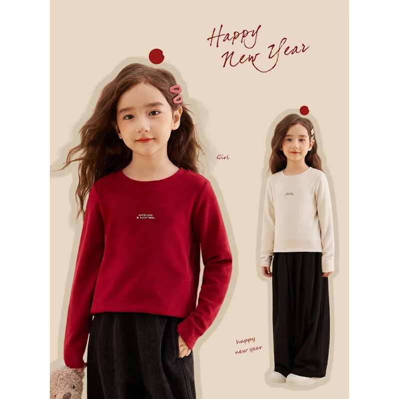 辰辰妈【好运连连】反季新年红打底衫圆领字母保暖亲子上衣7264D