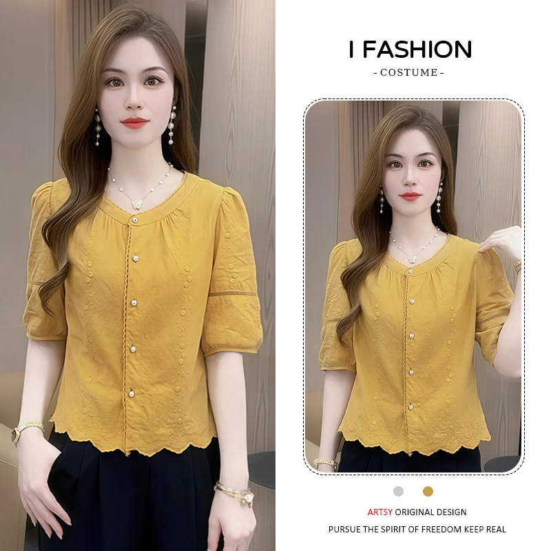 慵懒风简约时尚短袖衬衫女士2026年夏季新款洋气减龄纽扣提花上衣