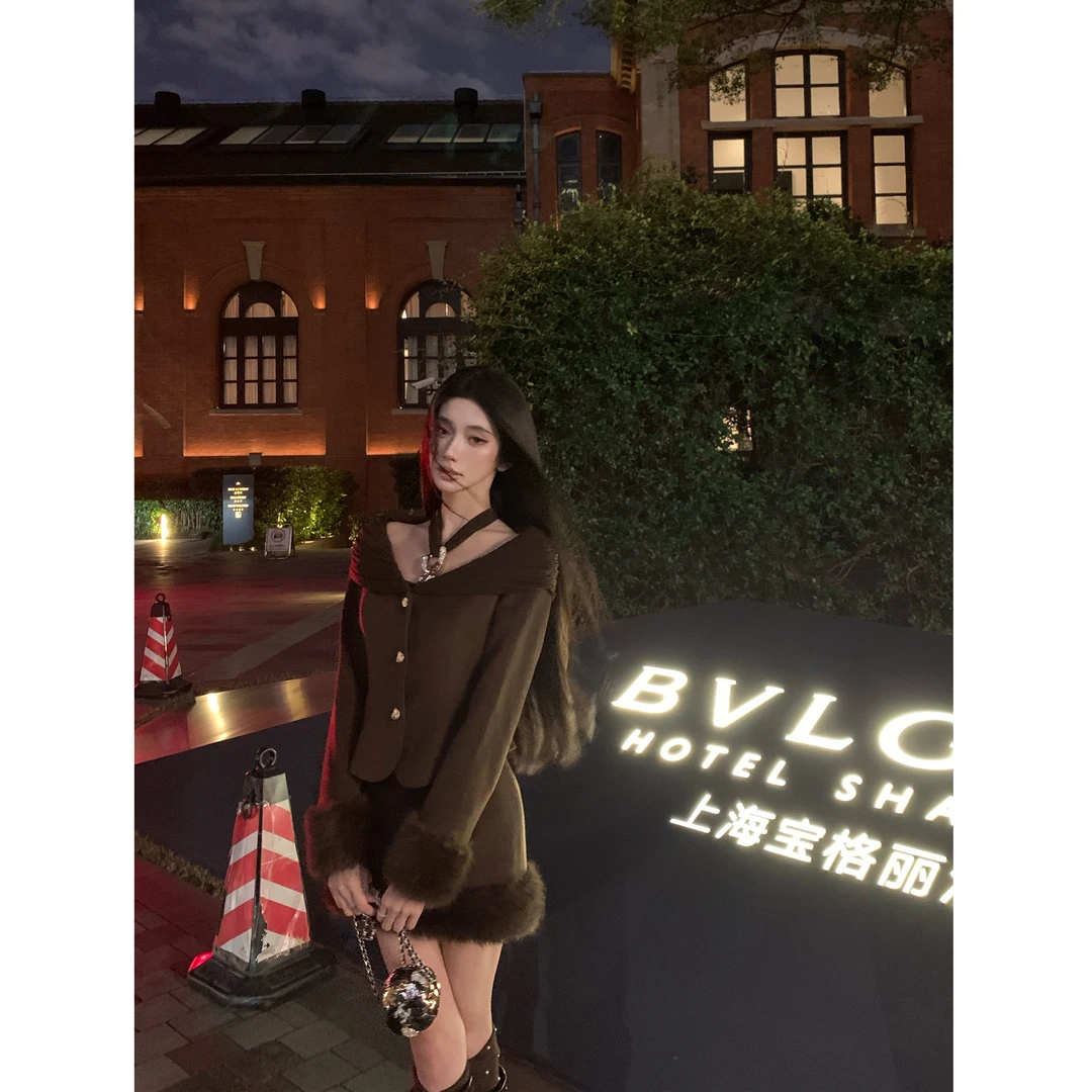 Barb Chill【北国雪夜】毛呢拼接毛毛半裙女秋冬网纱外套/抹胸内搭