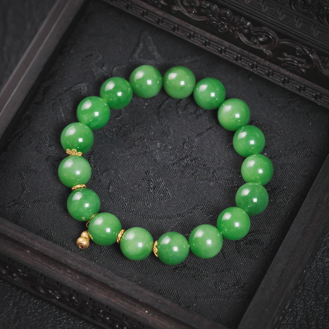 【诗蓉】踏春行·典藏级和田玉老阳绿18K金碧玉手串AS0748约11mm