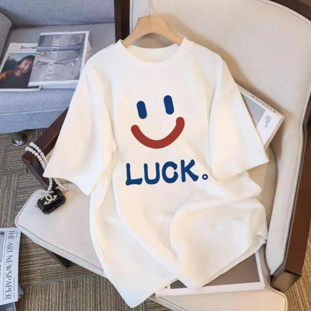 夏季短袖男女休闲透气时尚百搭圆领印花T恤 LUCK笑脸