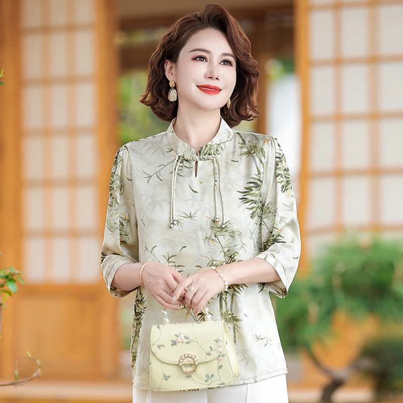 2025妈妈夏装短袖T恤衫洋气七分袖中老年女新中式印花国风上衣