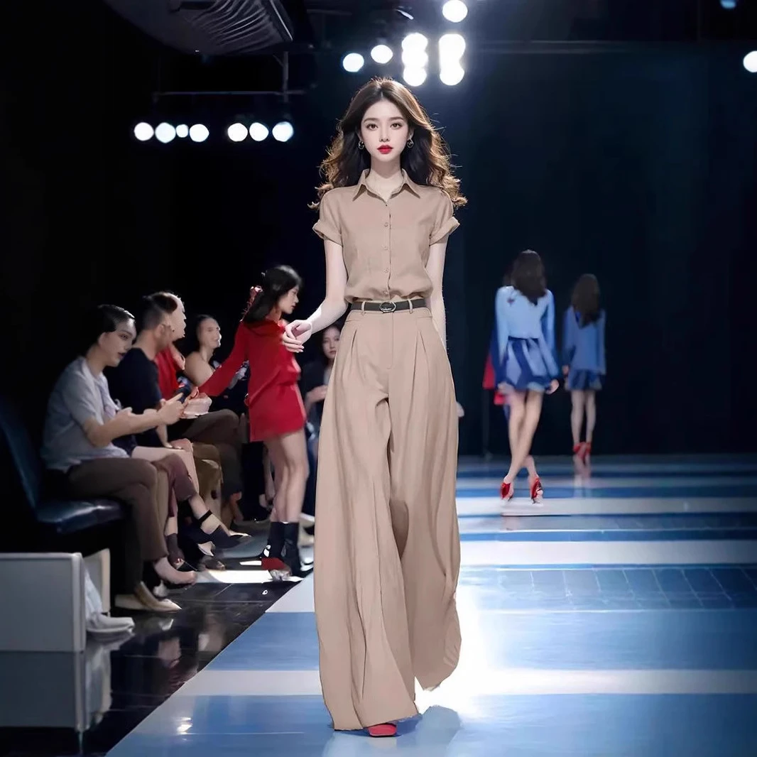 夏季新款今年流行时尚气质感洋气薄款轻奢衬衫阔腿裤两件套装