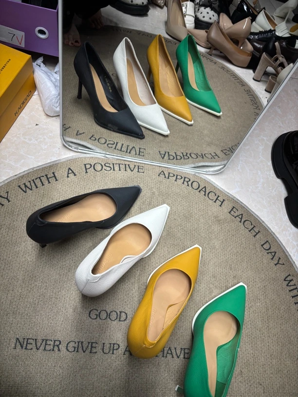 尖头彩色高跟鞋细跟荔枝纹牛皮真皮女鞋