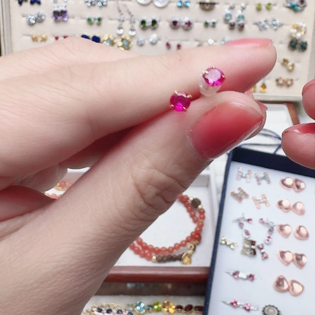 红宝石耳饰银S925镶嵌耳钉712