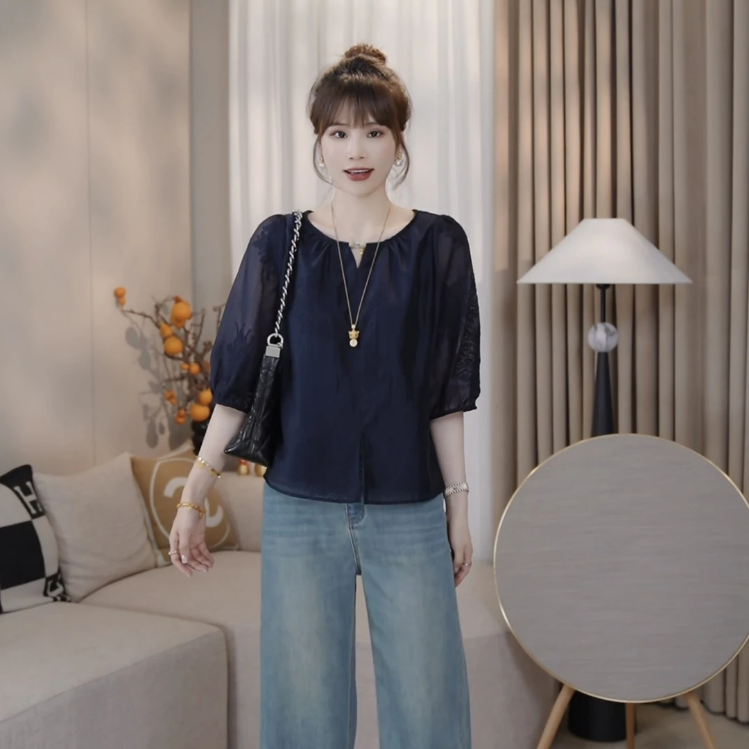 LMENY1烟花漫～设计感莱赛尔刺绣宽松减龄显瘦中袖小衫25BC037