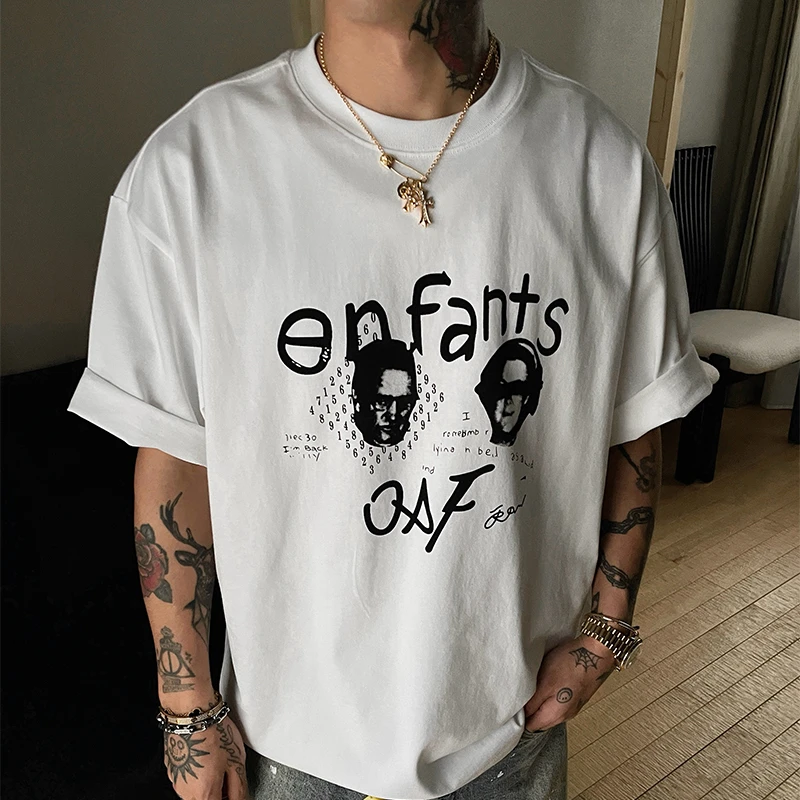 OXFREAK 「美式人物头像印花」纯棉重磅短袖t恤男宽松圆领五分袖