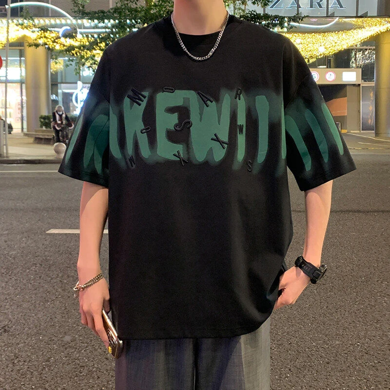 韩版百搭印花大码夏季短袖五分袖半袖潮流宽松男士短袖T恤休闲ins