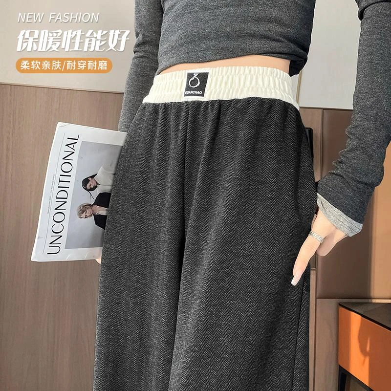 胖mm大码高级灰人字纹阔腿裤女秋冬新款高腰宽松显瘦垂感直筒裤子