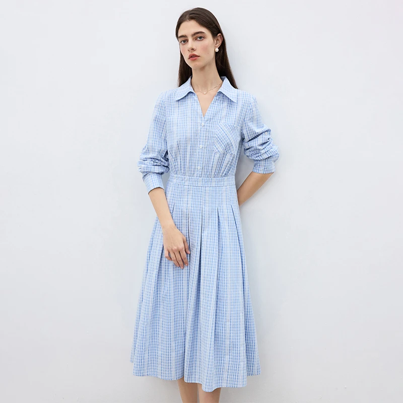 自巧小个子女装气质通勤翻领长袖百褶连衣裙格纹中长裙25ZQ91166