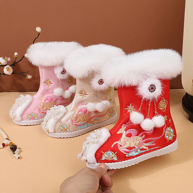 冬季加厚女童汉服鞋配拜年服女童鞋中国风红色儿童绣花鞋保暖棉鞋