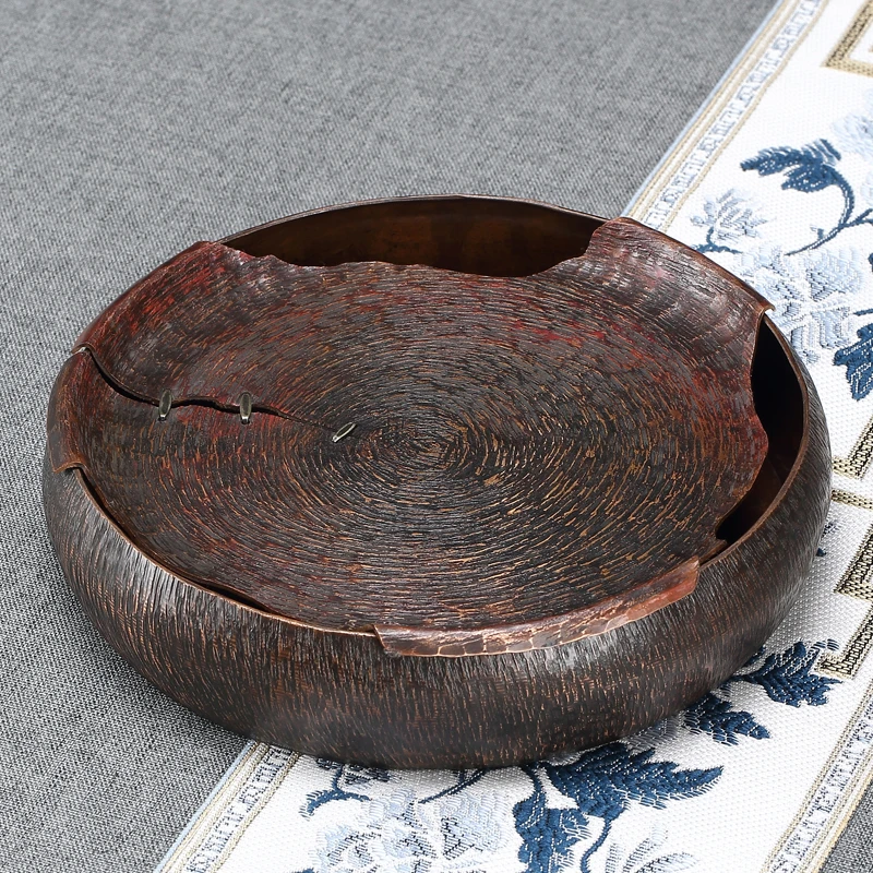 复古紫铜圆形壶承带盖茶托功夫茶具家用储水泡茶茶承盘干泡小茶盘