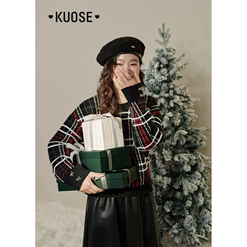 阔色圣诞复古格纹毛衣女2024秋冬季新款针织衫短款上衣KSH2412007