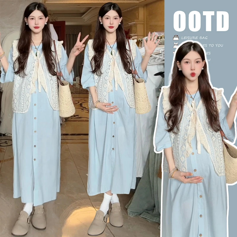 时尚孕妇装夏季复古叠穿重工蕾丝镂空马甲+圆领宽松长连衣裙衬衫