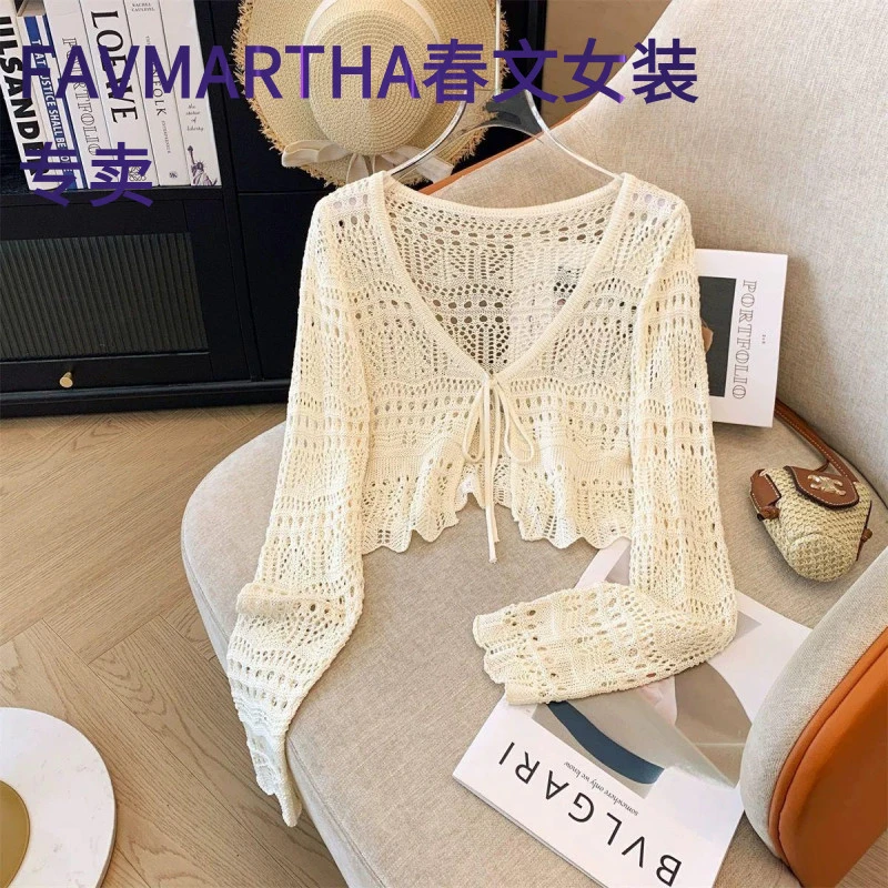 FAVMARTHA镂空钩花针织外搭开衫夏季薄款系带长袖防晒披肩罩衫短