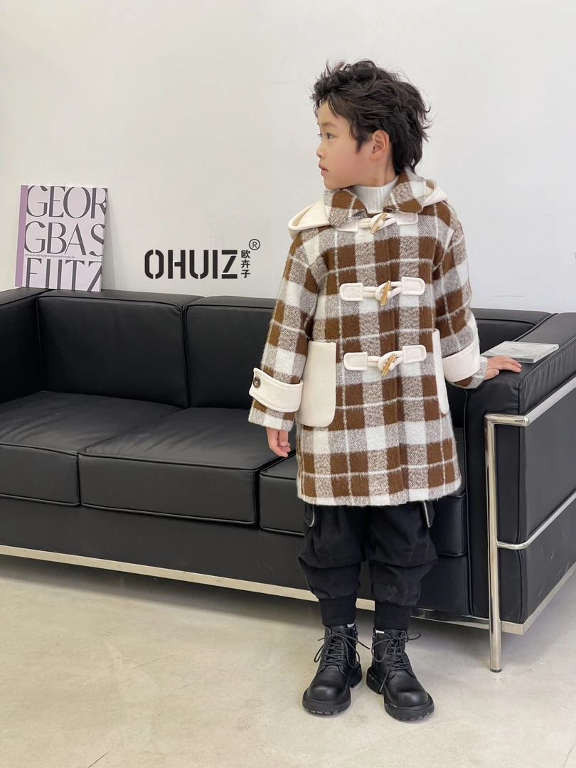 春季气质轻奢百搭时尚格子男童女童儿童洋气中长款韩版大衣