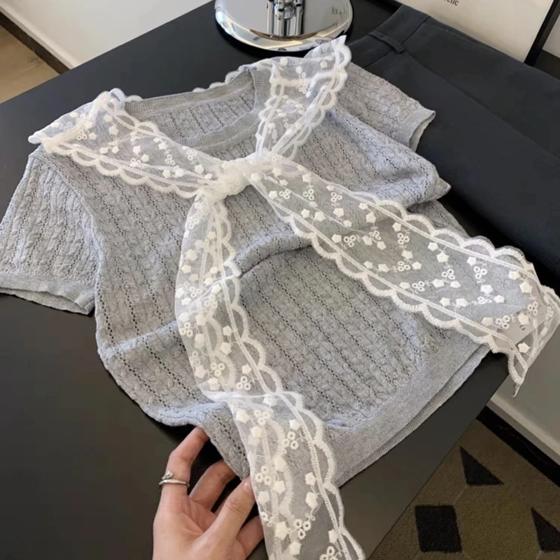 灰色配蕾丝披肩针织衫短袖t恤女2025夏季新款小个子短款正肩上衣