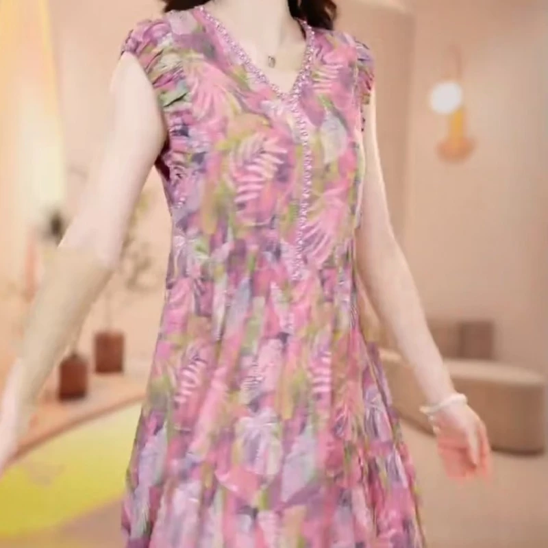 2025夏季时尚连衣裙慵懒风印花不起球气质V领礼服中长款