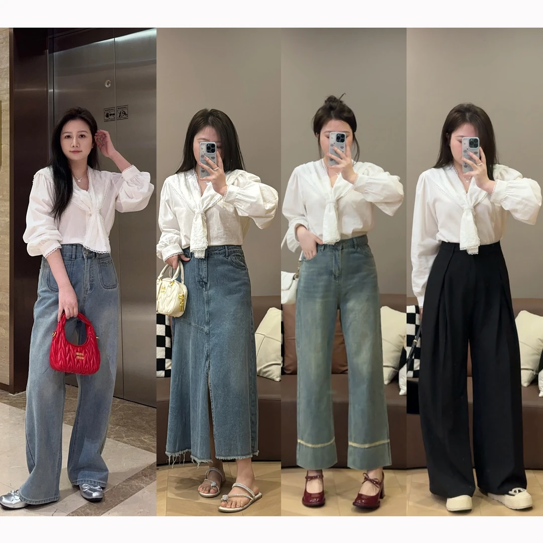 【清清价】【现货】蕾丝拼接披肩天丝亚麻衬衫微胖显瘦百搭P225C02118