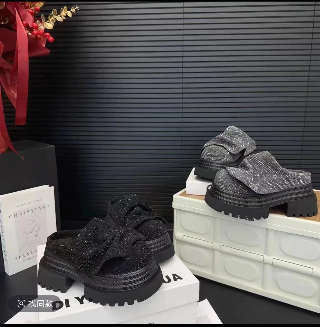 8578-19 欧货新款磨砂水钻裙摆包头半拖松糕厚底勃肯鞋外穿女鞋